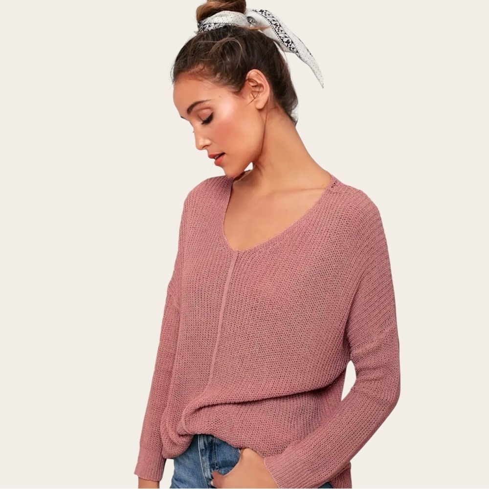 Lulu's | Eloise Dusty Pink V-Neck Loose Knit Sweater | Sz S
